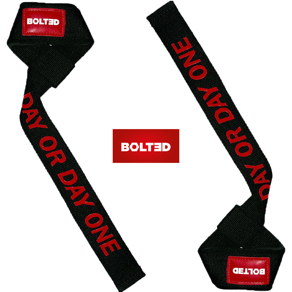 Gym wrist straps by BOLT3D - professional weightlifting and bodybuilding gym straps, foam padded and supportive for fitness training, secure fit with rubber silicone gel printed grip-one size fits all - One Day or Day One