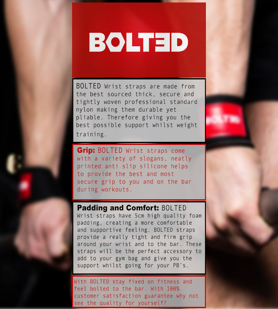 Gym wrist straps by BOLT3D - professional weightlifting and bodybuilding gym straps, foam padded and supportive for fitness training, secure fit with rubber silicone gel printed grip-one size fits all - Shut Up & Lift