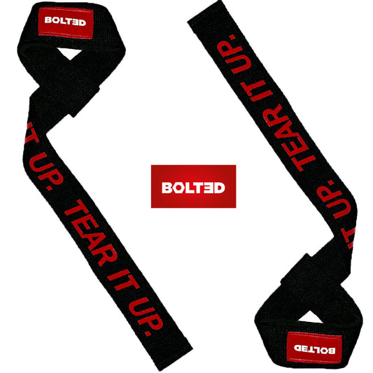 Gym wrist straps by BOLT3D - professional weightlifting and bodybuilding gym straps, foam padded and supportive for fitness training, secure fit with rubber silicone gel printed grip-one size fits all - Tear It Up